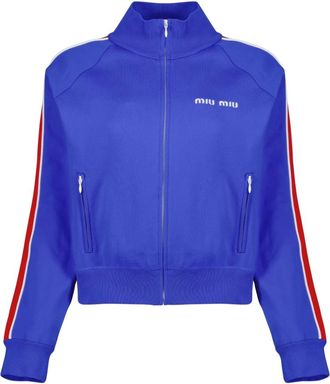 Miu Miu Training Jackets, female, Blue, Size: 2XS Technical Yarn Zipper Sweatshirt
