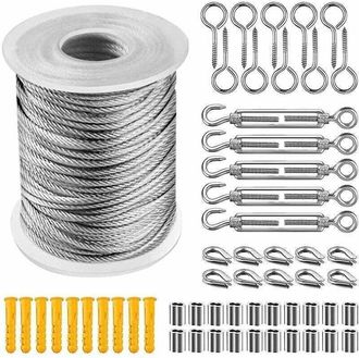 OEM Cable De Acero Inoxidable Recubierto De Pvc De 30 M - Juego Completo Con Mosquetones Y Tensores, Resistente A La Intemperie Y A La Corrosi&oacute;n