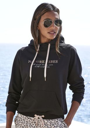 Lascana Hoodie LASCANA, Damen, Gr. 32/34, schwarz, Sweatware, Obermaterial: 60% Baumwolle, 40% Polyester, bedruckt, unifarben, bequem h&uuml;ftlang, Raglan&auml;rmel B&uuml;