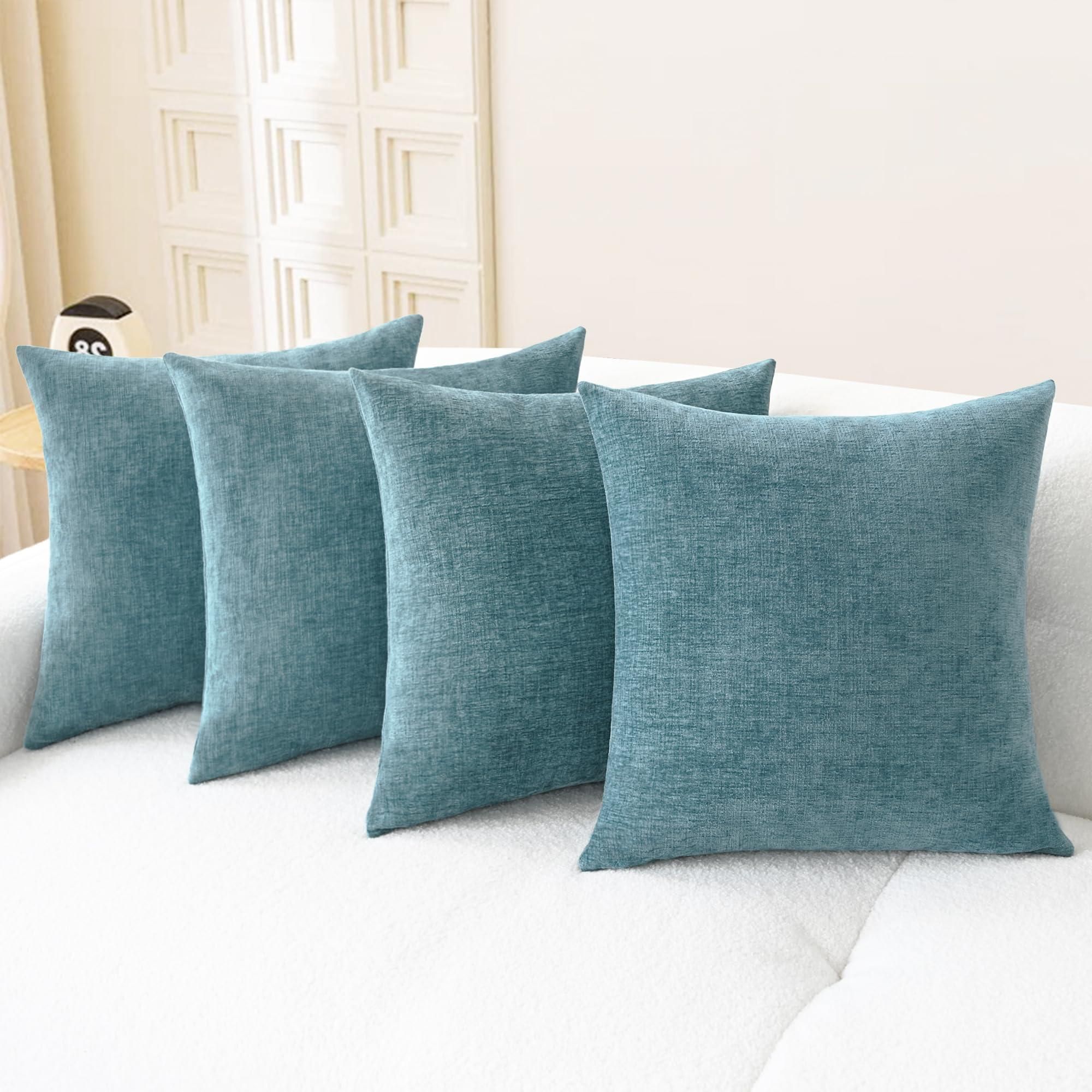 CaliTime Kissenbezug 50x50 Cm – Chenille Mit Blattmuster Beidseitig, Versteckter Reißverschluss, In Ecru/Teal