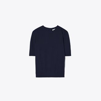 Tory Burch Womens Short-Sleeve Crewneck in Blue, size XS