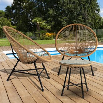 IDMarket Conjunto De Muebles De Jard&iacute;n Mesa Izmir Y 2 Sillas De Cuerda En Forma De Huevo Efecto Rat&aacute;n