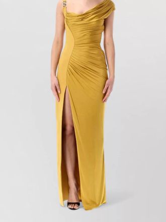 Versace long gown asymmetric draped panels straps
