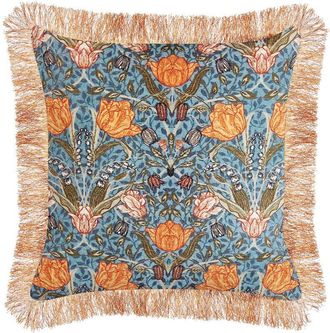 Beliani Coj&iacute;n De Algod&oacute;n Azul Naranja 45 X 45 Cm Terciopelo Patr&oacute;n Floral Flecos Mitella