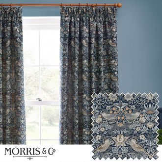 Morris & Co. Strawberry Thief Jacquard Floral Room Darkening Pencil Pleat Curtain Pair in Indigo | Size: 117 cm width x 183 cm drop