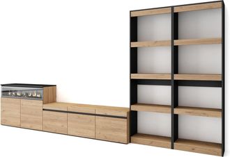 Skraut Home Skraut Home - Muebles De Sal&oacute;n Para Tv, Conjunto De Muebles Comedor, 370x186x35cm, Para Tv Hasta 65, Chimenea El&eacute;ctrica, Estilo Moderno, Roble Y Negro