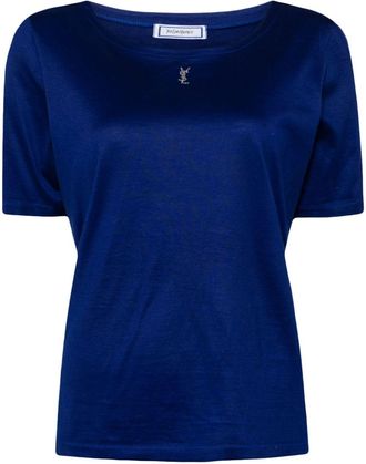 Saint Laurent rhinestone-logo cotton T-shirt - women - Cotton - One Size - Blue