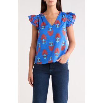 Sugarlips Lucinda Floral Seni Ruffle Sleeve Top in Blue-Red at Nordstrom, Size X-Small
