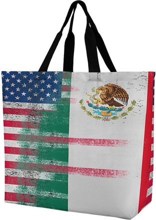 Generic Half America Half Mexican Flag Reusable Shopping Bags Large Capacity Grocery Bag Heavy Duty Tote for Women 40x40x16cm