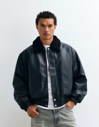 Asos giacca da aviatore in similpelle nera-Nero