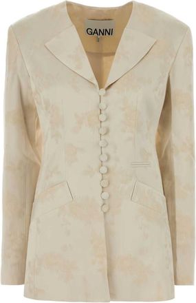 Ganni Beige Jacquard Notched Lapel Blazer