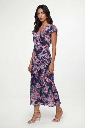 Wallis Womens Floral Burn Out Cape Midi Dress - Navy - Size 22 UK