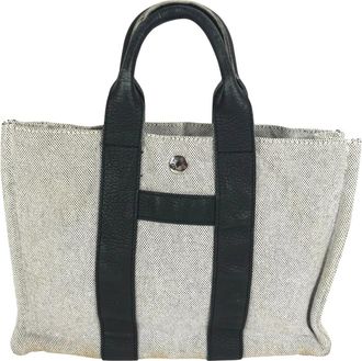 Herm&egrave;s Black Gray Toile H Leather Handbag Tote Bag (Pre-Owned)