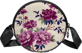 Generic Circle Crossbody Bag for Women, Purple-Blue Floral Small Sling Bag Daypack with Zipper Adjustable Shoulder Straps Casual Ladies Girls Round Purse