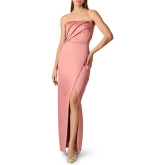 Aidan Mattox Pleat Detail Strapless Duchess Satin Column Gown in Rose at Nordstrom, Size 14