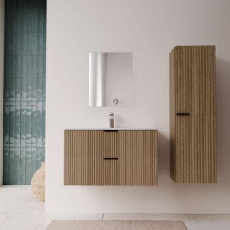 Aurlane Mueble De Ba&ntilde;o 60cm Y Columna - Frentes Ondulados Efecto Madera - Milo
