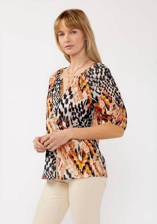 Lovestitch Puff Sleeve Button Down Top In Ikat Multi