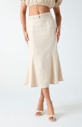 Guess Ryan Belted Linen Blend Midi Skirt in Warm Slate Multi at Nordstrom, Size X-Small