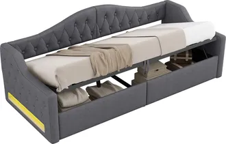STILVORA Cama Div&aacute;n 90 X 200 Cm De Mdf Con Arc&oacute;n, Led Ajustable Y Cabecero Tapizado, Sin Colch&oacute;n, Gris