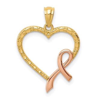 Diamond2Deal 14k Yellow Gold and Rose Rhodium Pink Ribbon with Heart Pendant