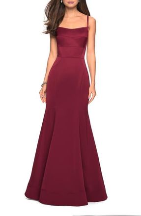 La Femme Fitted Long Dress with Seams and Large Gold Zipper in Burgundy at Nordstrom, Size 10