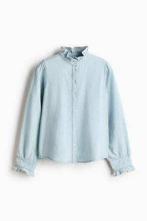 H&M Frill-trimmed Denim Blouse in Pale Denim Blue at Nordstrom, Size Xx-Large