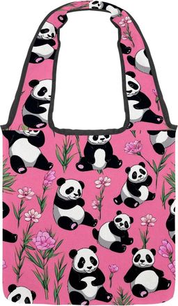 Generic Cute Panda on Pink Reversible Canvas Shoulder Tote - Double-Sided Print, 12oz Cotton, 27cm Drop, Fold-Flat Bag for Travel, Shopping, Street Outings