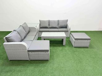 Fimous Outdoor Garden Furniture Sets 8 Seater Wicker Rattan Furniture Sofa Sets w/ Oblong Coffee Table high Back Lounge Sofa 2 Big Footstool Side