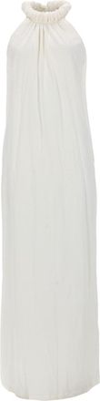 Nude Gathered High Neck Cotton Maxi Dress