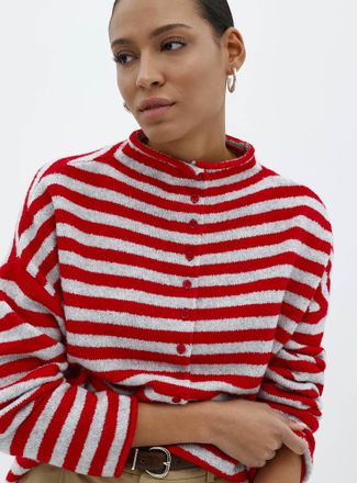 Contemporaine Womens Striped funnel neck Cardigan Sweater