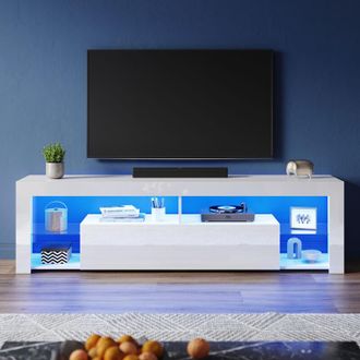 Elegant Lighting High Gloss tv Stand with led Lights, Floor Stand tv Unit with Open Glass Shelves and Flip-Down Door Compartment, White, 1800x350x505mm - Elegant