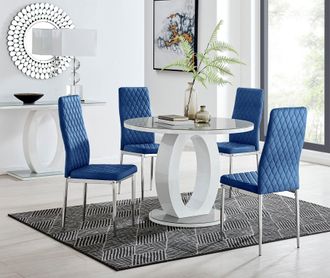 Furniturebox Giovani Round 4 Seat 100cm White High Gloss Halo Base Grey Glass Top Dining Table 4 Soft Velvet Silver Leg Milan Chairs in Navy