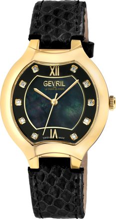 Gevril Group Womens Lugano Swiss Diamond Watch, Black MOP Dial, IPYG Case,Genuine Italian Handmade Leather Strap