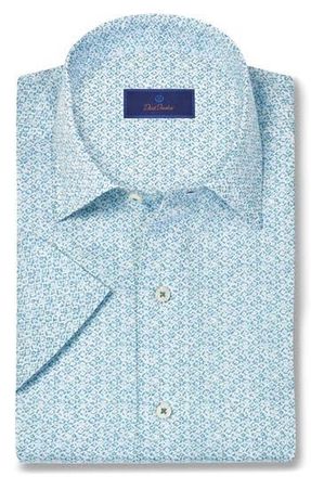 David Donahue Abstract Print Lyocell Short Sleeve Shirt in White/Ocean at Nordstrom Rack, Size Xx-Large