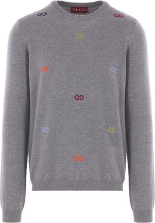 Gucci Cashmere Wollen Trui met Jacquard GG - Heren - Cashmere truien - Grijs - M - Wol - Truien & Vesten