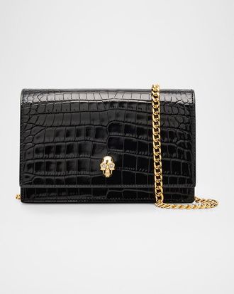 Alexander McQueen Small Skull Croc-Embossed Leather Clutch Bag