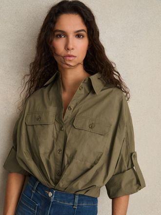 Reiss Khaki Pleat-hem Cropped Shirt, 14