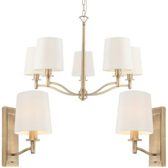 Loops 5 Bulb Ceiling Pendant Lamp & 2x Matching Wall Light Matt Antique Brass & Shade in Metallics