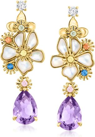 Ross-Simons Mother-Of-Pearl and Multi-Gemstone Flower Drop Earrings in 18kt Gold Over Sterling