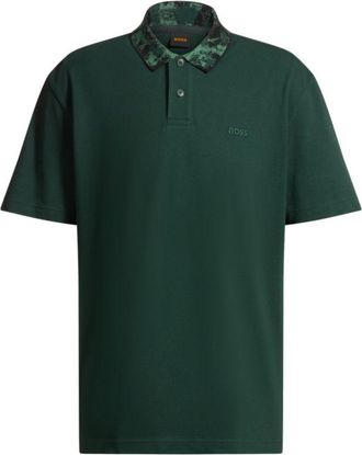 BOSS Cotton-piqué polo shirt with jungle-artwork collar