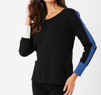 French Kyss Braided Sleeve Scoop Neck Top In Black/denim