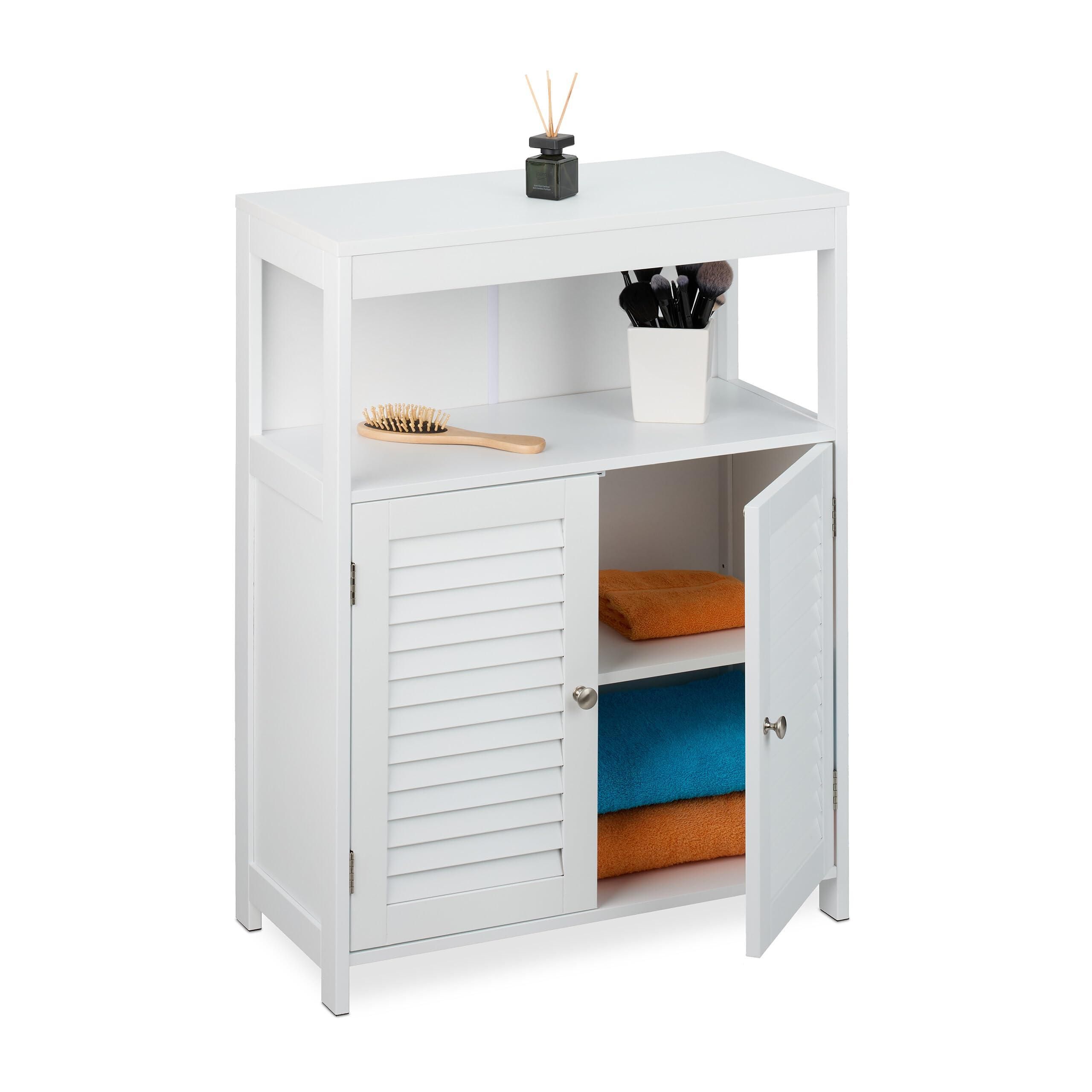 Relaxdays Badezimmerschrank Mit Rattan-Tür – 3 Fächer, Schmal, Weiß/natur, Maße 96,5x30x30 Cm
