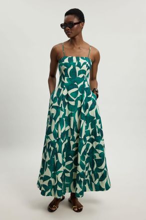 Karen Millen Womens petite linen geo print woven maxi prom dress - Teal - Size 10 UK