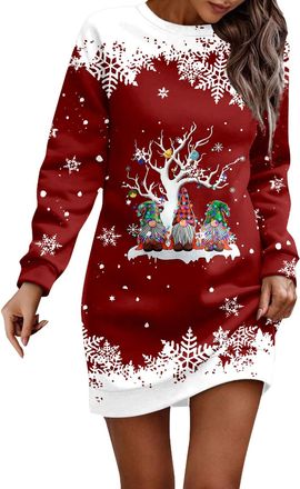 Generic Christmas Dresses for Women Oversized Christmas Dress Long Sleeve Jumper Crew Neck Xmas Graphic Print Sweatshirt Winter Casual Midi Dress Party Costum