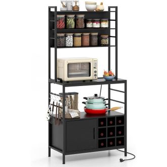 Costway Costway - Scaffale da Cucina con Multipresa, Scaffale per Microonde su 5 Ripiani, Mensola da Cucina con 4 Ganci e 9 Portabottiglie di Vino per Sala