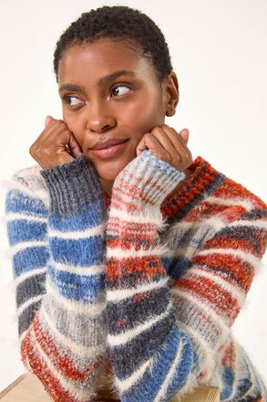 Roman Fluffy Striped Curve Hem Jumper