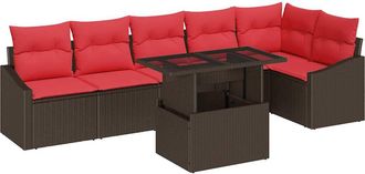 vidaXL Conjunto De Sof&aacute; De Jard&iacute;n 7 Uds. Marr&oacute;n Y Rojo Rat&aacute;n Sint&eacute;tico Vidaxl