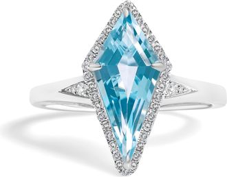 House of Brilliance 10K White Gold Blue Topaz Kite Cut and 1/6 Cttw Diamond Cocktail Ring