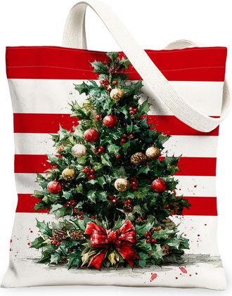 Generic Holiday Canvas Tote Bags, Christmas Tree Design Reusable Grocery Bags, Merry Lightweight Washable Shoulder Strap Canvas for Shopping 13x15 Inch