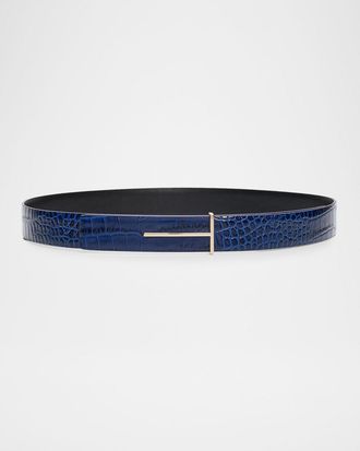 Tom Ford Slim T Croc-Embossed Leather Belt